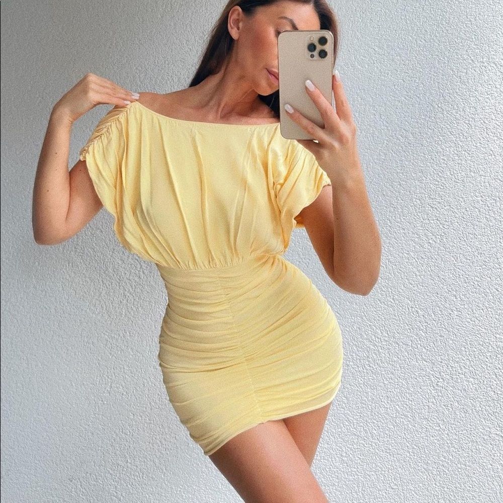 Zara butter yellow draped knit dress NWT